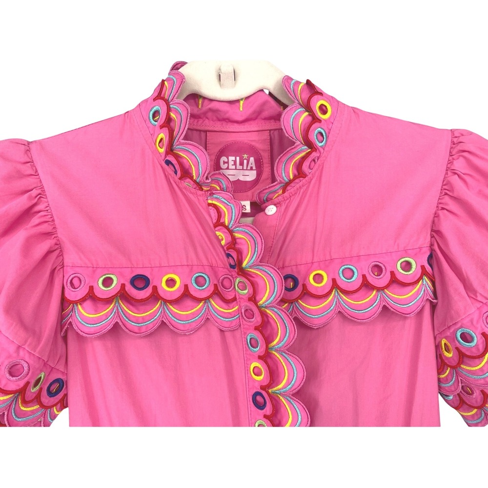 Celia B Marilla Dress Pink Embroidered Scalloped Eyelet Tiered Mini Dress XS - Picture 9 of 13